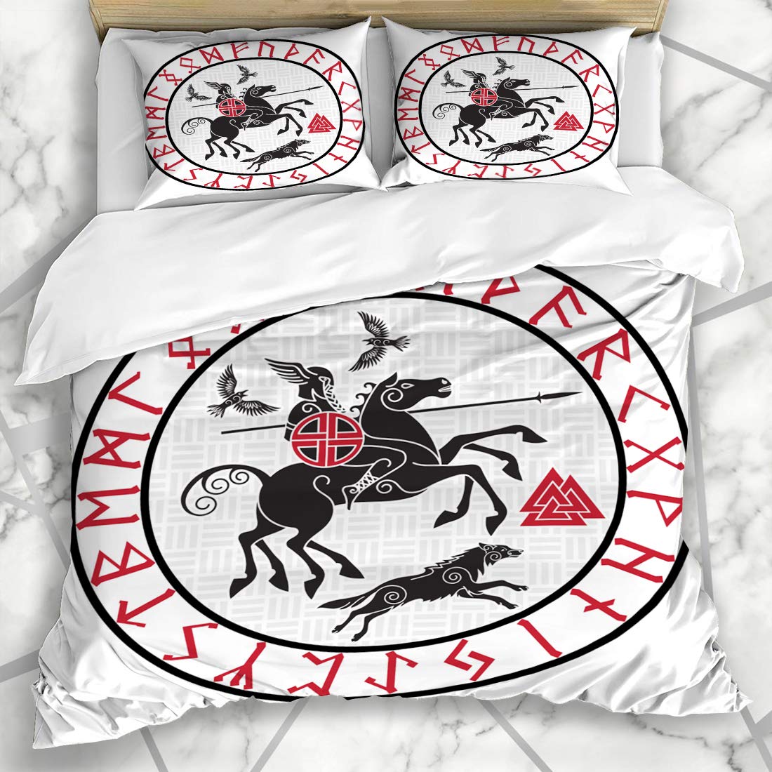 Ahawoso Duvet Cover Sets Queen/Full 90x90 Gleipnir Wotan Riding On Horse Vidar Magical Ragnarok Spear Poetic Ravens Sleipnir Signs Symbols Soft Microfiber Decorative Bedroom with 2 Pillow Shams