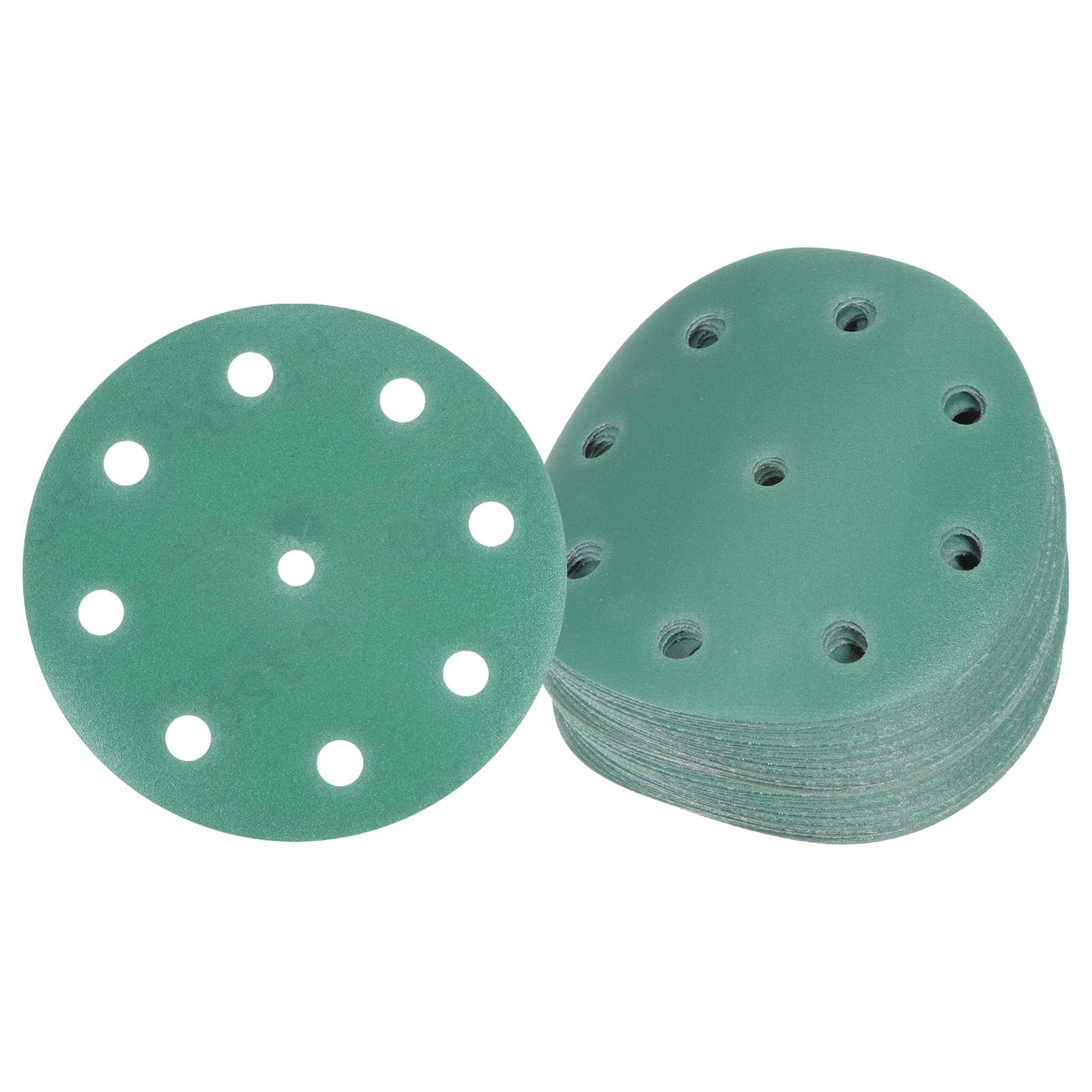 Kozelo 50pcs Green Film Sanding Discs - [5 Inch 320 Grits 9 Hole ] Round Aluminum Oxide Hook & Loop Wet Dry Sander Pads for Wood Metal Polishing Use| Zirconium Corundum Sandpaper