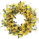 J'FLORU Artificial Spring Wreath 22 Inch Summer Wreaths for Front Door Yellow Daisy Wreath for Indoor Outdoor Home Decor and Easter Celebration