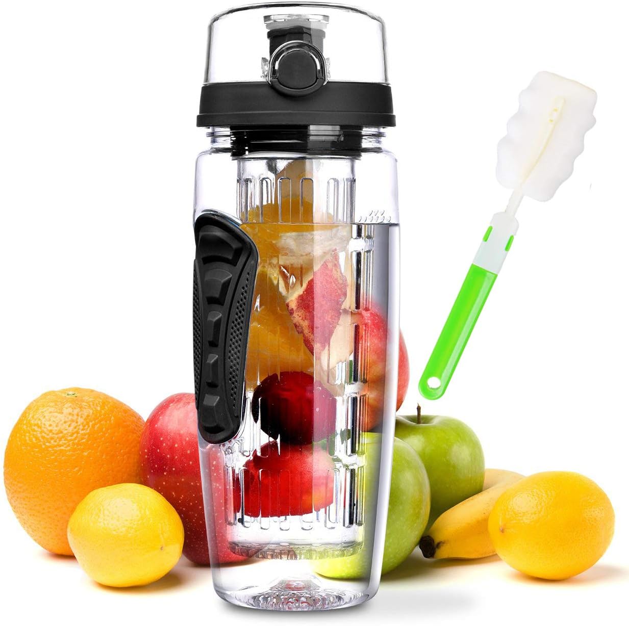 zikon technology llc Fruit Infuser Water Bottle 32 oz: Flavored Water & Tea Infusion for Hydration, Protein Shake Sports Container, Leak-Proof Lid, Long Infuser Basket – with Cleaner Brush -Black
