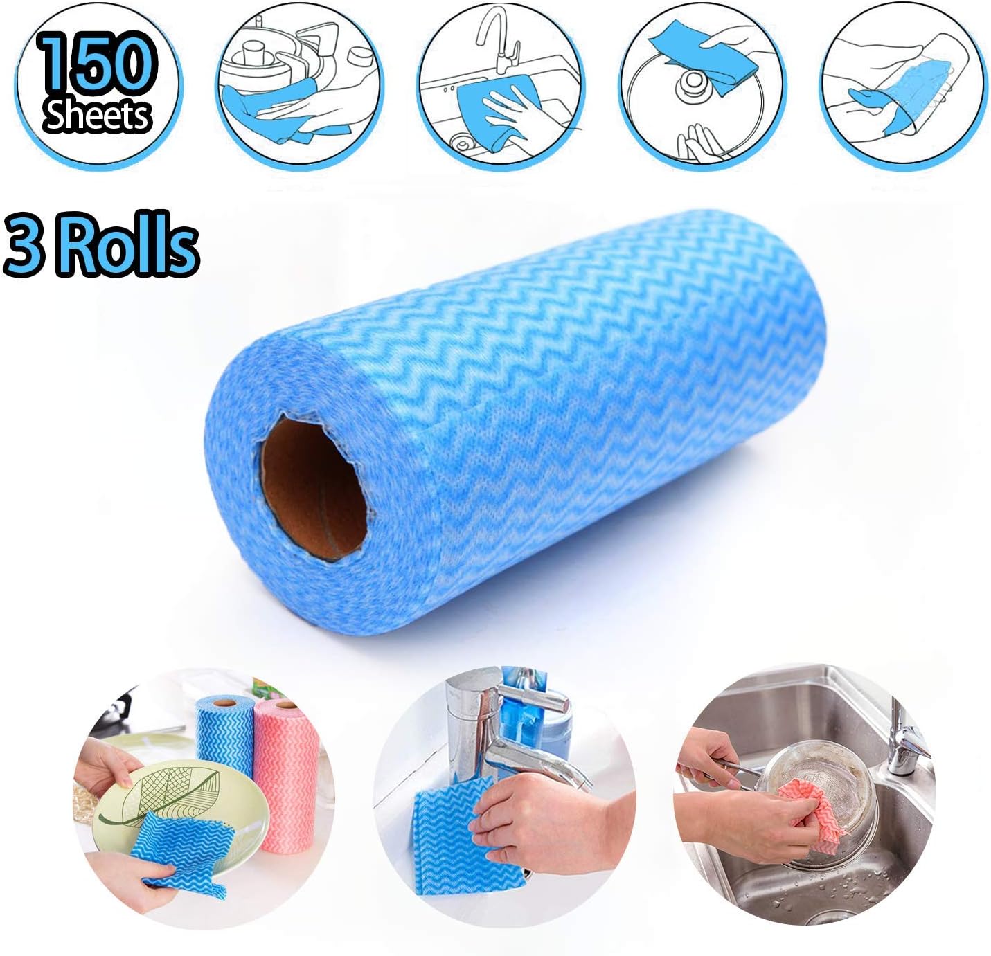 Jieeen Dishcloth Kitchen Towels Reusable Disposable Cleaning Cloths Heavy Duty Eco-Friendly Non Woven Fabric Mutipurpose Handy Wipes No Paper Towels 50 pcs/roll (1 Color, 3 Rolls)