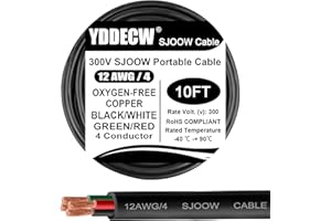 YDDECW 10ft 12/4 12 AWG Portable Power Cable (4 Conductor) - SJOOW 300V 12 Gauge Electric Wire for Motor Leads, Portable Lights, Battery Chargers and Machinery - 4 Conductor - 10 Feet Electrical Cord