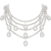 Flyonce Vintage Rhinestone Layered Chunky Collar Necklace, Glitter Crystal Costume Statement Bib Choker Necklace for Women