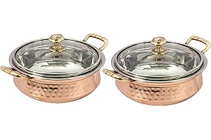 PARIJAT HANDICRAFT Set of 2 Indian hammered copper stainless steel serving bowl for food soup with handle and glass lid decor