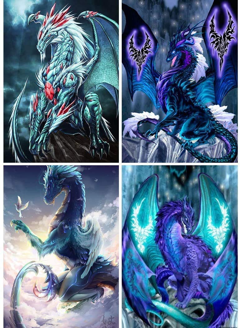 Better Selection 4 Pack 5D Full Drill Diamond Art Kit, DIY Dragon Diamond Rhinestone Painting Kits for Adults and Beginner Diamond Arts Craft Home Decor, 15.8 X 11.8 Inch (Dragon Diamond Art)