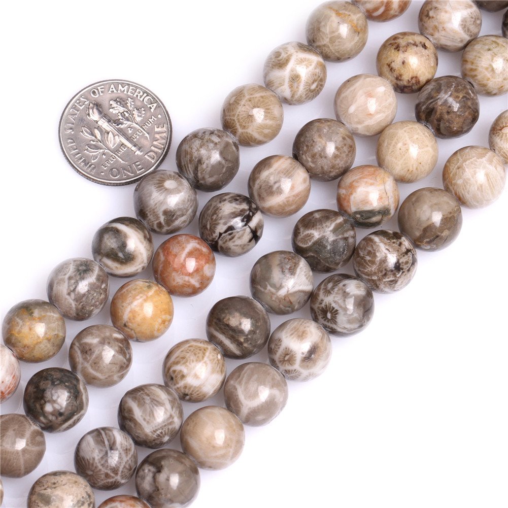 10mm Natural Round Gray Fossil Coral Jasper Beads for Jewellery Making Strand 15"