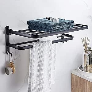 AIKZIK Toallero de Pared para baño, Negro Mate Doble Barra de Toalla, Estante de Almacenamiento Plegable montado en la Pared con 2 Ganchos, Adhesivo ...