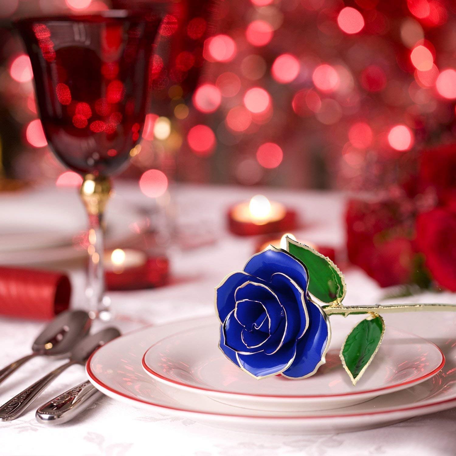 NICEAO 24K Gold Foil Trim Red Rose Flower Long Stem with Transparent Stand, Best Gift for Valentines Day, Mothers Day, Anniversary, Wedding, Birthday Gift, Treating Yourself (Blue)