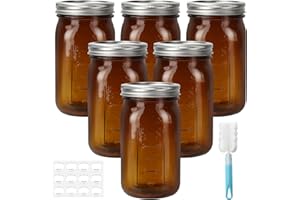 Waymind 32 oz Wide Mouth Mason Jars, 6 Pack Large Glass Canning Jars with Airtight Lids and Bands, 1 Quart Amber Glass Jars w