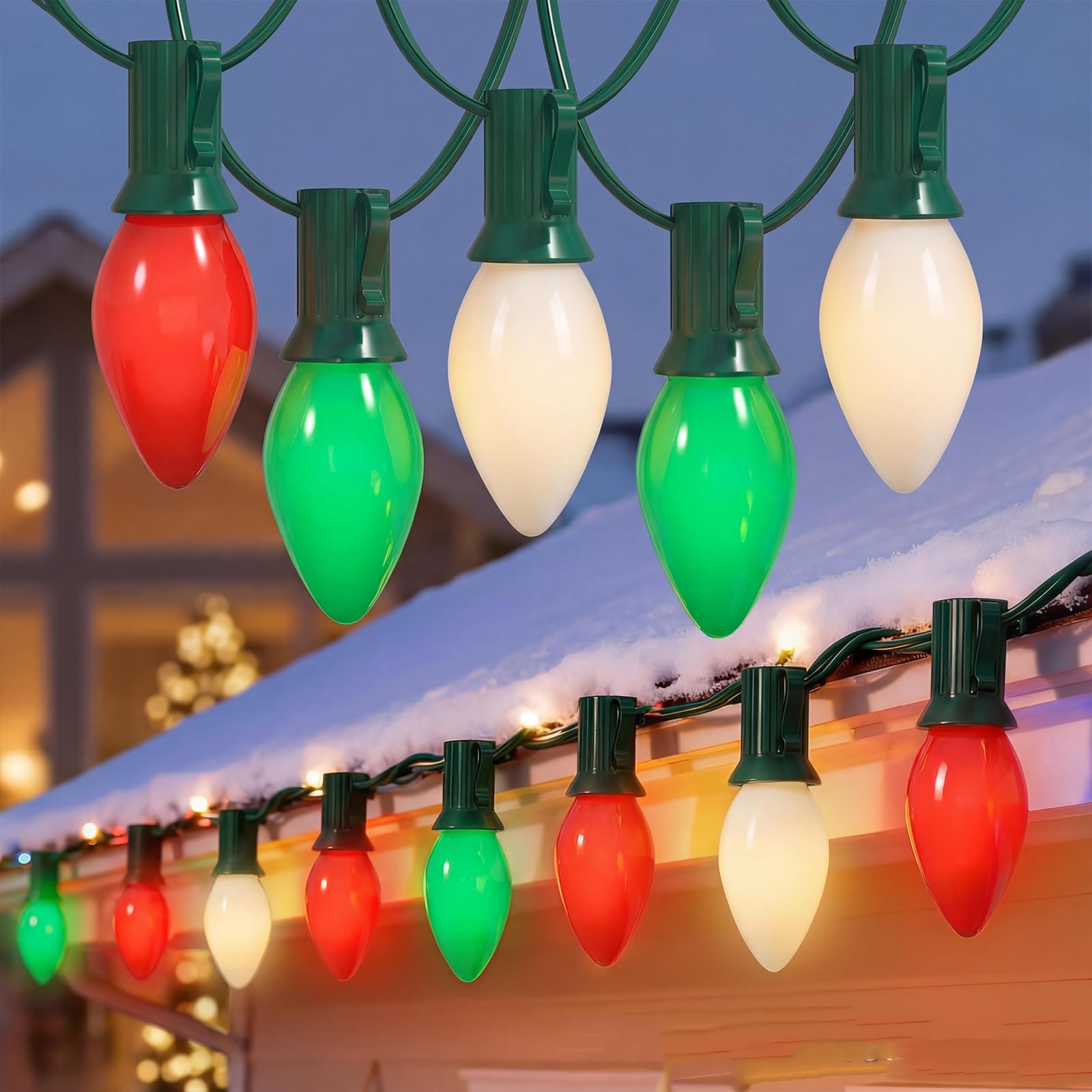 Photo 1 of C7 LED Christmas Lights Outdoor - 25ft Red White and Green String Lights With 27 Ceramic Bulbs(2 Spare), Waterproof Commercial Grade Extendable for Indoor Outdoor Roofline Patio Yard Xmas Decor