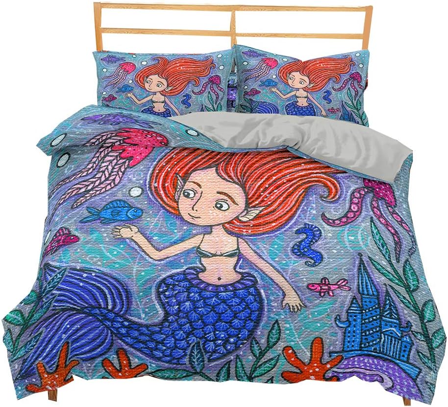 DMHunt Kids Girl Mermaid Duvet Cover Set,3D Mermaid with Dinosaur in The Underwater Sea World Theme,100% Soft Microfiber Pillow Case Decorative Bedding Sets(Mermaid,Queen)