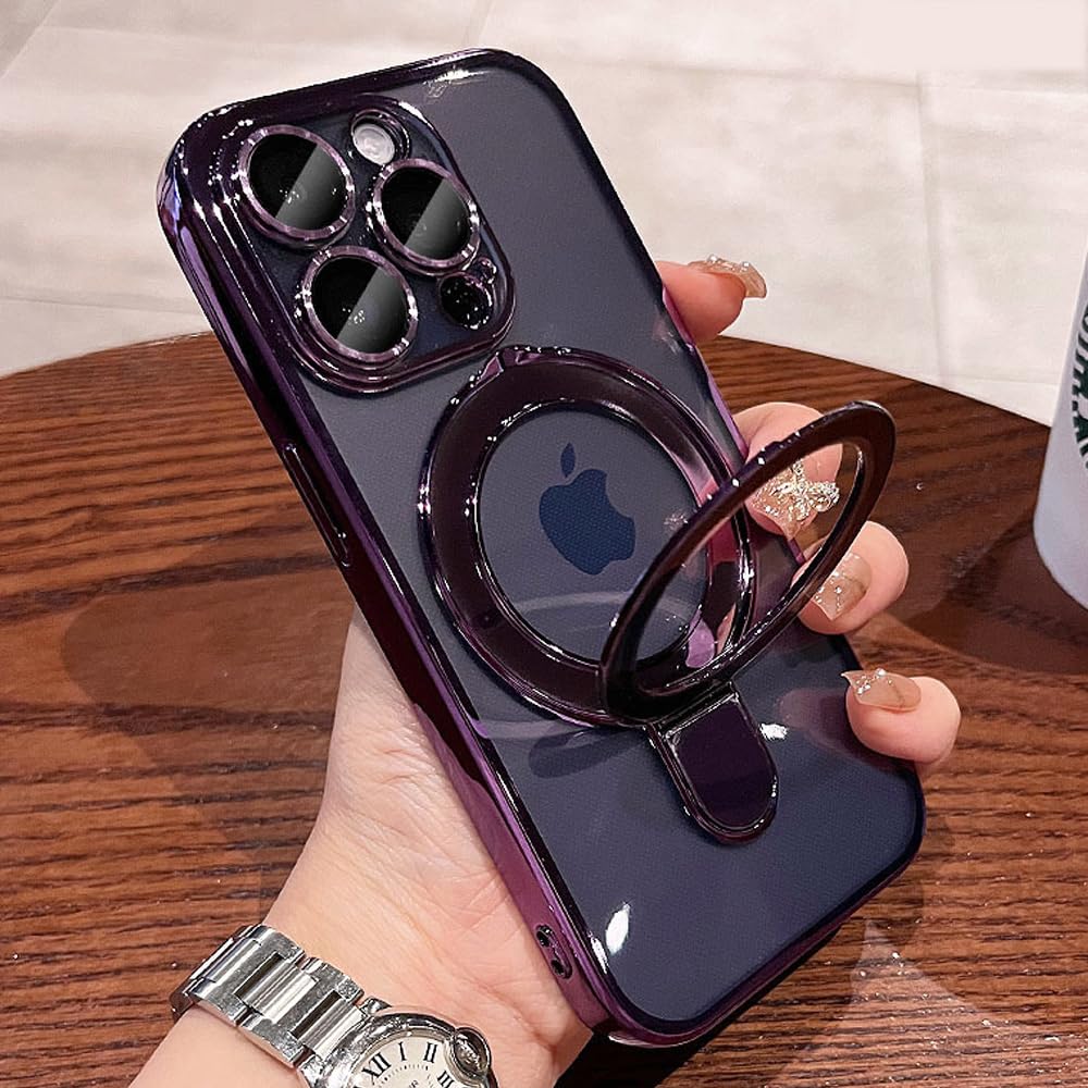 JBJZYZZ Clear for iPhone 14 Pro Case Magnetic Invisible Stand Built-in Camera Lens Protector Compatible with MagSafe Case Cover for 14 Pro,Purple