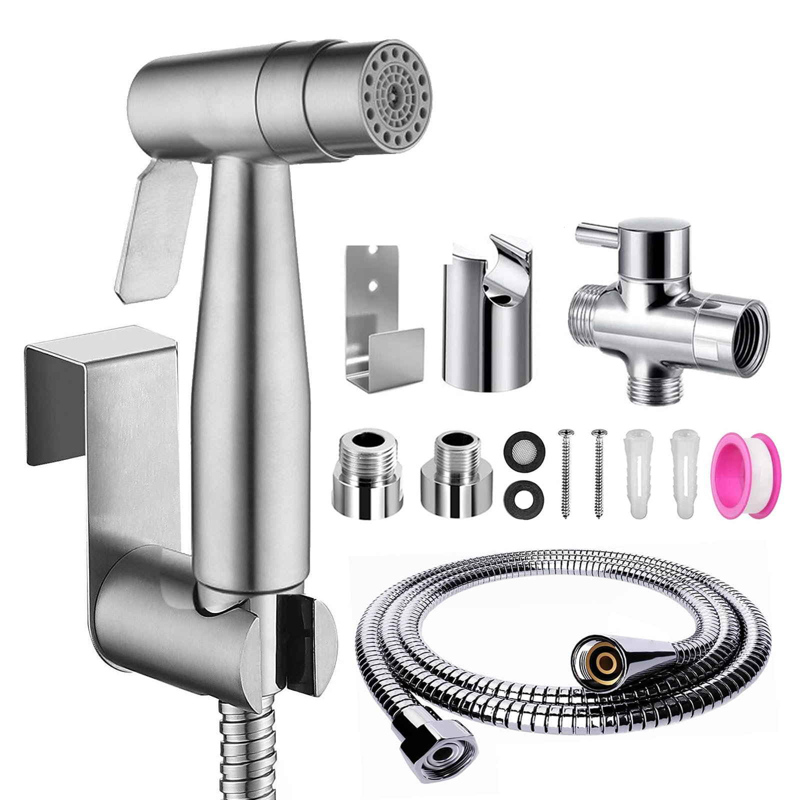 Bidet Hand Shower Set, Premium Double Function Brushed Stainless Steel Bidet Hand Shower with G1/2 Inch T-Valve and a G3/8 Inch Adaptor, for Shower, Bathroom, Hygiene, Toilet Paper, Nappy Cleaning