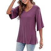 KOJOOIN Women's Blouse Tops Loose V Neck 3/4 Bell Sleeve Shirt