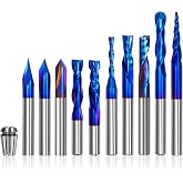 10PCS CNC Router Bits Set 1/4 inch Shank, Carbide Multiple Uses Router Bit for Woodworking Detail Carving Trimming V Groove Engraving Slotting Mortise, Bonus 1/4" ER11 High Precision Collet