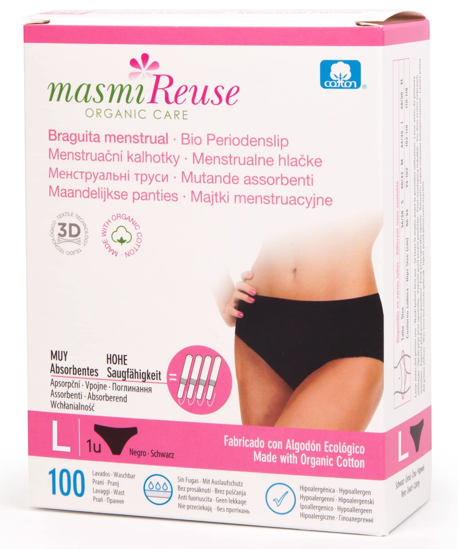 Washable Reusable Menstrual Period Pants Equivalent to 4 tampons Highly Absorbent, GOTS Organic Cotton, 100 Washes Masmi (Large), Black