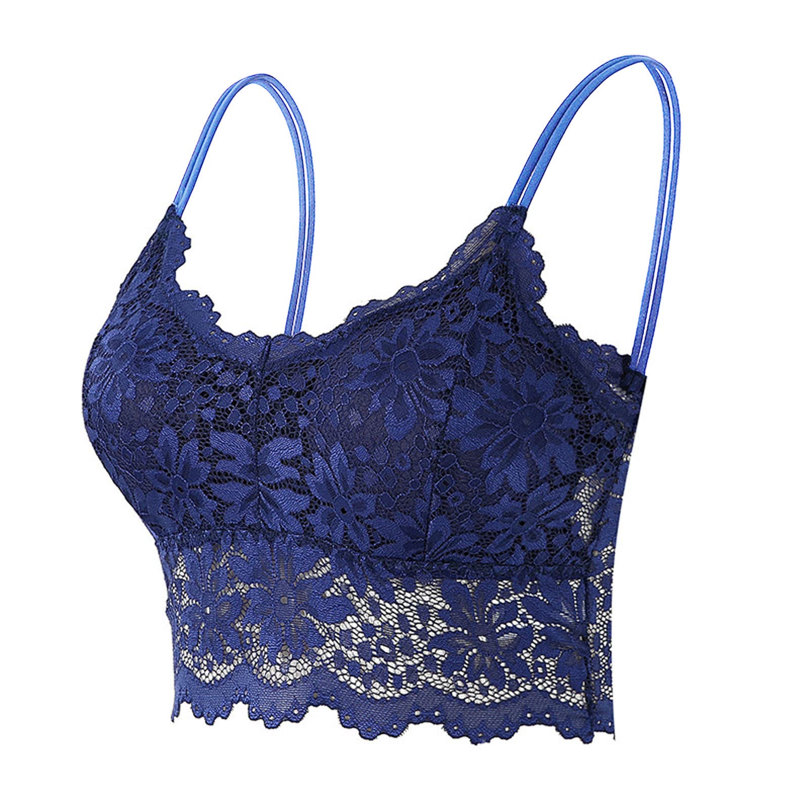Women Lace Bralettes Soft No Underwire Bra Sexy V Neck Camisoles Adjustable Strap Crop Tops Outerwear Chest Wrap Tops Blue Small