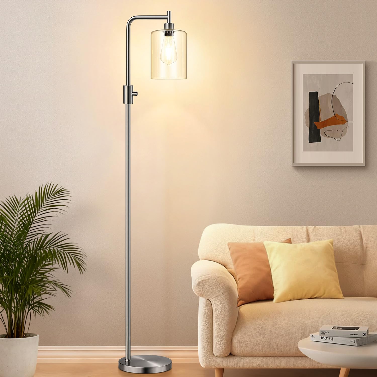Photo 1 of ?Upgraded?Dimmable Floor Lamp for Living Room with Glass Lampshade, Brushed Nickel Modern Floor Lamp with 900LM LED Bulb Included, Bright Standing Tall Lamp for Bedroom, Office, Reading Room, Corner