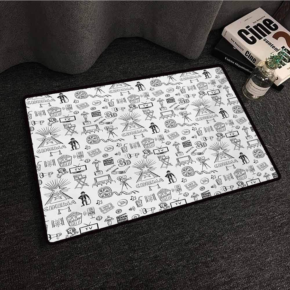 Kitchen Mat Movie Theater,Hand Drawn Style Cinema Pattern with Various Different Icons Black and White,Black White,W20 xL30 Rugs for Sale