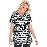 Woman Within Plus Size Perfect Printed Short-Sleeve V-Neck Tee