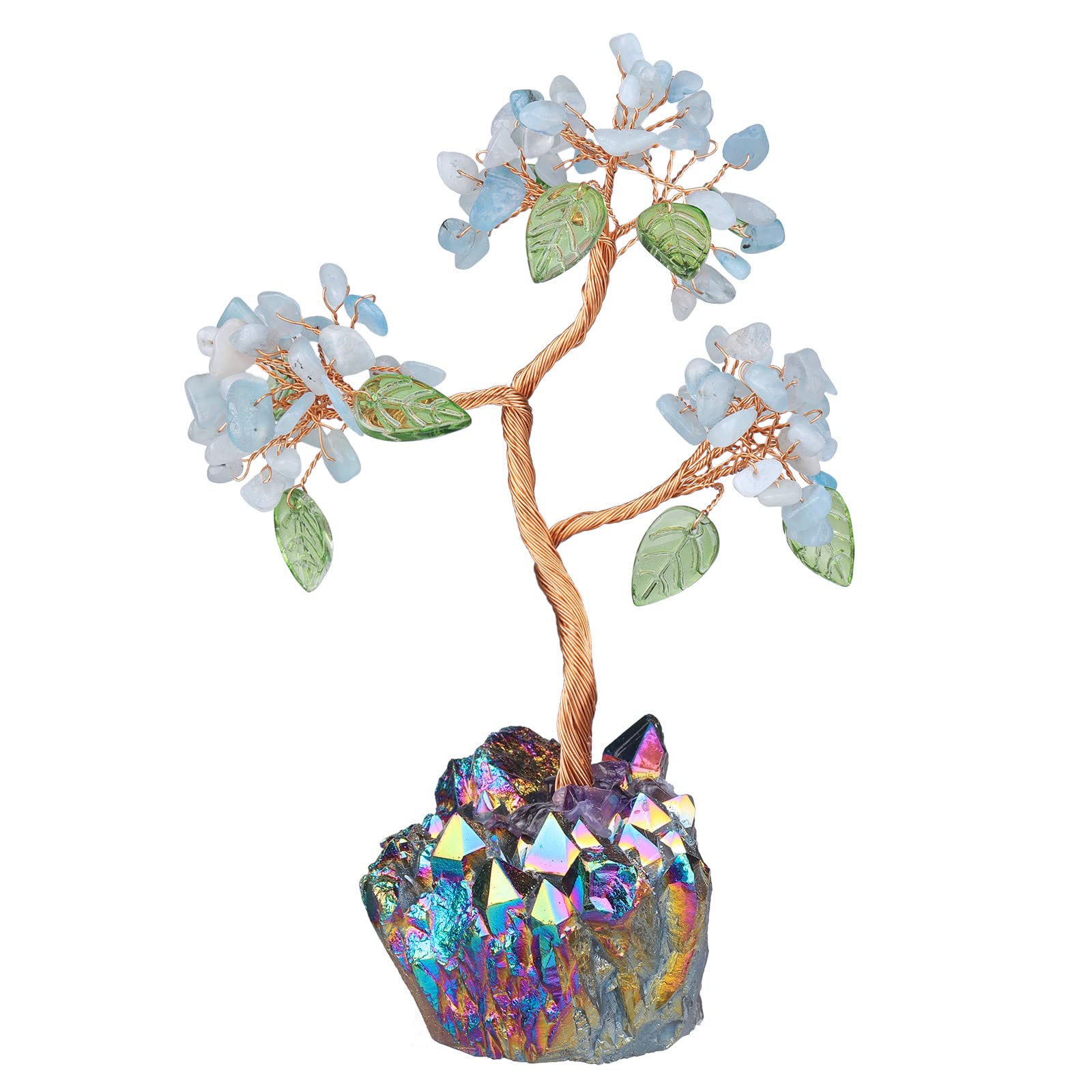 mookaitedecor Aquamarine Crystal Tree of Life with Rainbow Titanium Quartz Crystal Base Feng Shui Ornament Good Luck Crystal Colourful Room Decor, Gemstone Bonsai Money Tree Rainbow Aura Quartz Gift