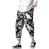 PRIJOUHE Men's Casual Capri Pants Elastic Waist Wide Leg Loose Baggy Harem Pants Breathable Summer Beach Pant
