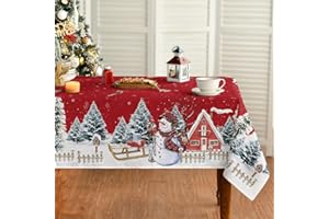 Horaldaily Christmas Tablecloth 60×84 Inch, Winter Snowman House Christmas Trees Red Washable Table Cover for Party Picnic Di