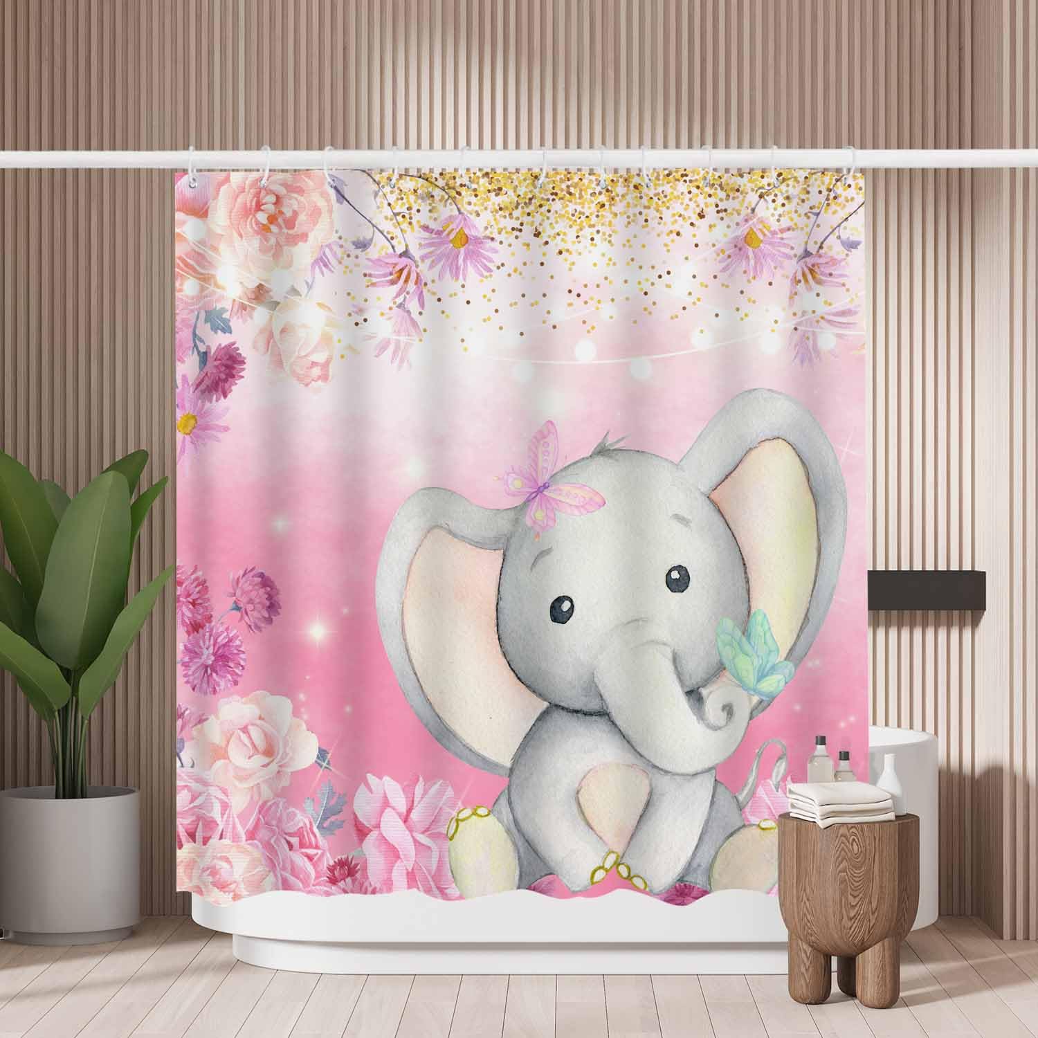 Woutay Shower Curtain Mould Proof Resistant Cute Cartoon Elephant,Water Repellant Fabric,Polyester,Size 180x180CM