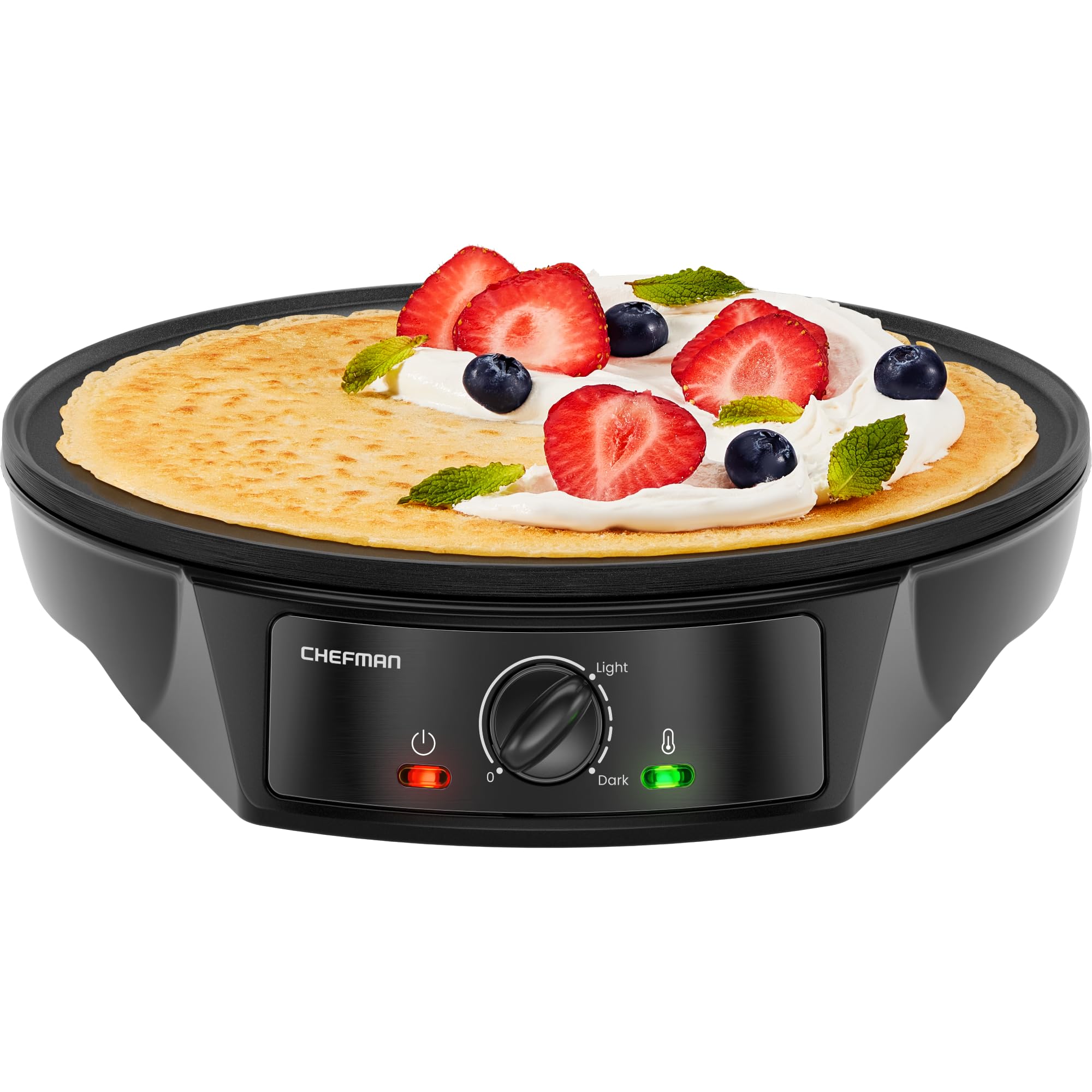 Photo 1 of CHEFMAN Electric Crepe Maker: Precise Temp Control, 12" Non-Stick Griddle, Perfect for Crepes, Tortillas, Blintzes, Pancakes, Waffles, Eggs, Bacon, Batter Spreader & Spatula Included, Black