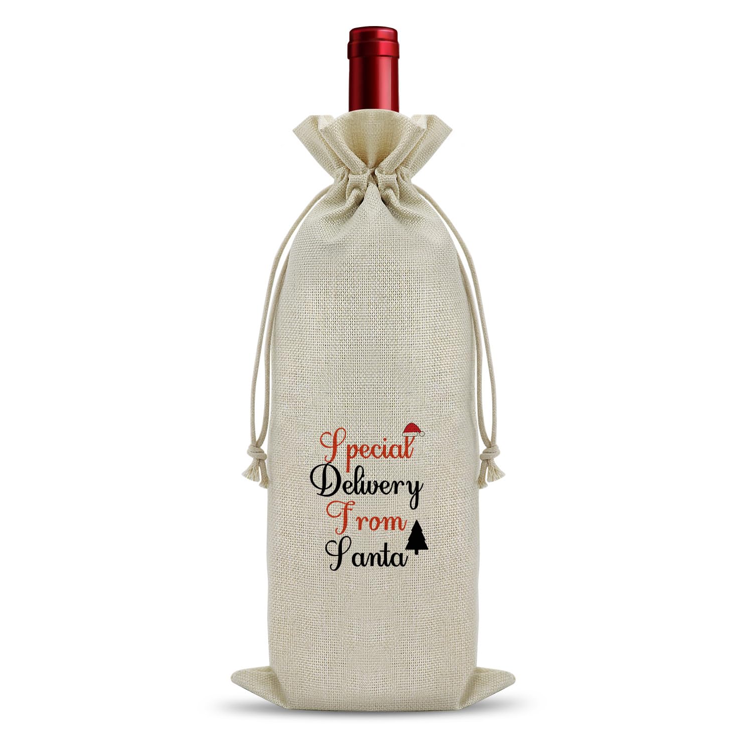 Christmas Wine Bags - Funny Gifts for Friends, Women, Adults, Colleagues, Family - Burlap Bottle Bags With Drawstring for Holiday Party