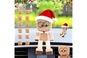 Shaking Wooden Man Figurine,Handmade Shake Feet Woodens Man with 12PCS Magnetic Expressions,Christmas Wood Car Desktop Decora