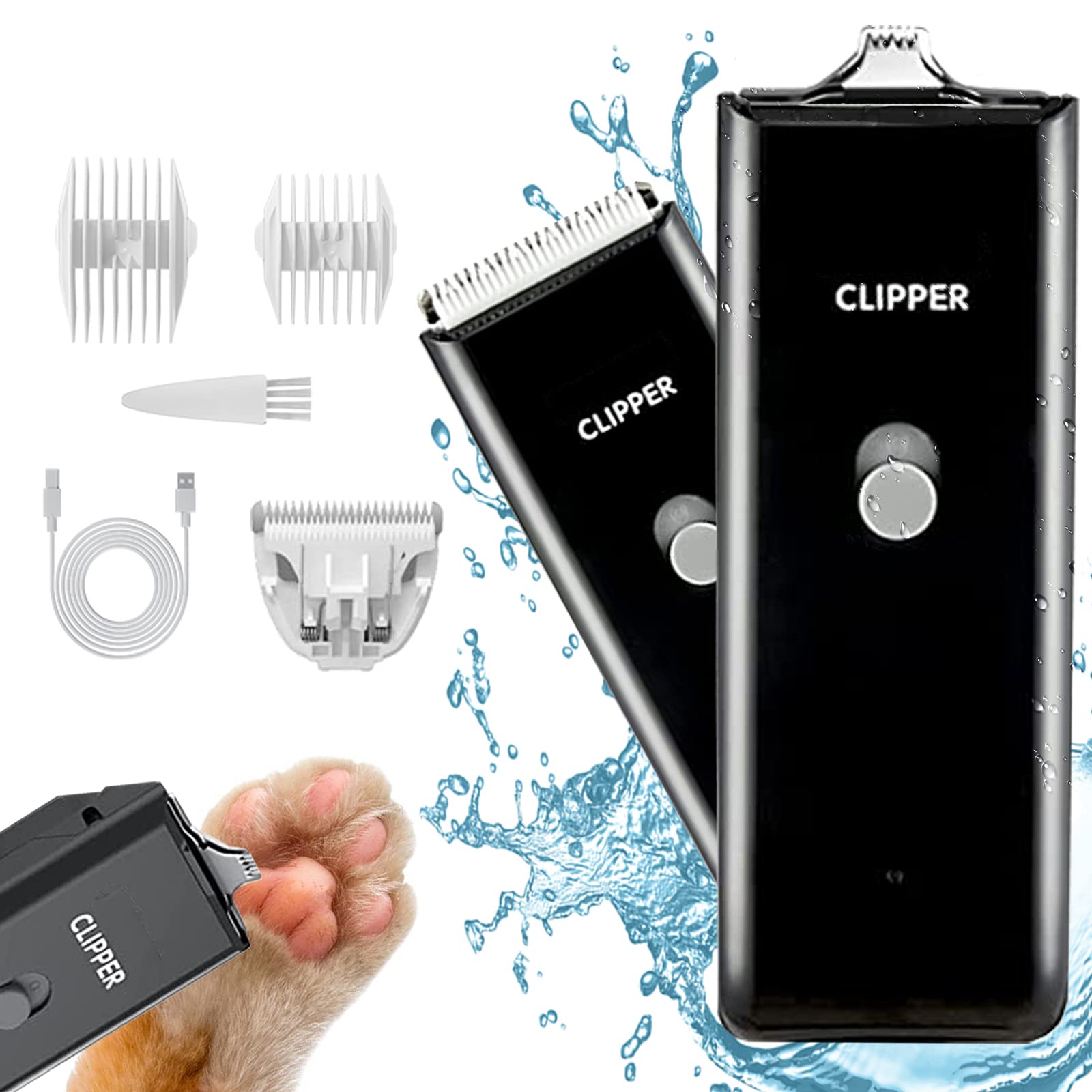 Dog Clippers Pet Hair Trimmer Low Noise Washable USB Rechargeable Cordless Dog Grooming Kit with Wide & Narrow Blade,Electric Pet Feet Hair Trimmer for Cats Dogs (Black+Double Blades)