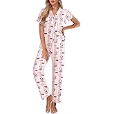 Ekouaer Pajamas for Women Set Button Up Sleepwear Cute Pjs Ruffle Sleeve Notch Collar Loungewear with Long Pants S-XXL