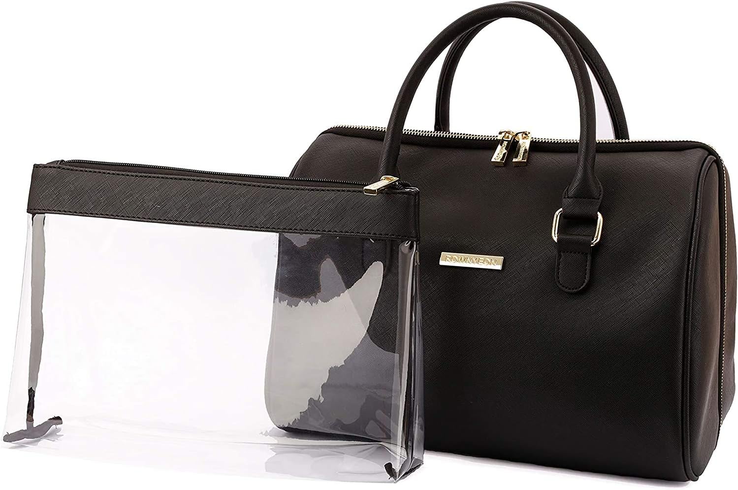 ROWNYEON Makeup Bag Handbag with PVC Clear Makeup Pouch Large Toiletry Bag Portable Travel Makeup Storage Bag Cosmetic Organizer Bag Purse for Women, Cosmetics, Toiletries Large Capacity Waterproof PU Leather Black