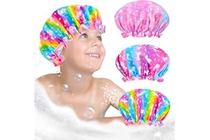 Olypegic Kids Shower Cap, 3 Pcs Girls Shower Cap for Kids Reusable Waterproof Adjustable Large Hair Cap Unicorn Mermaid Rainbow Cute Hair Cover Hat