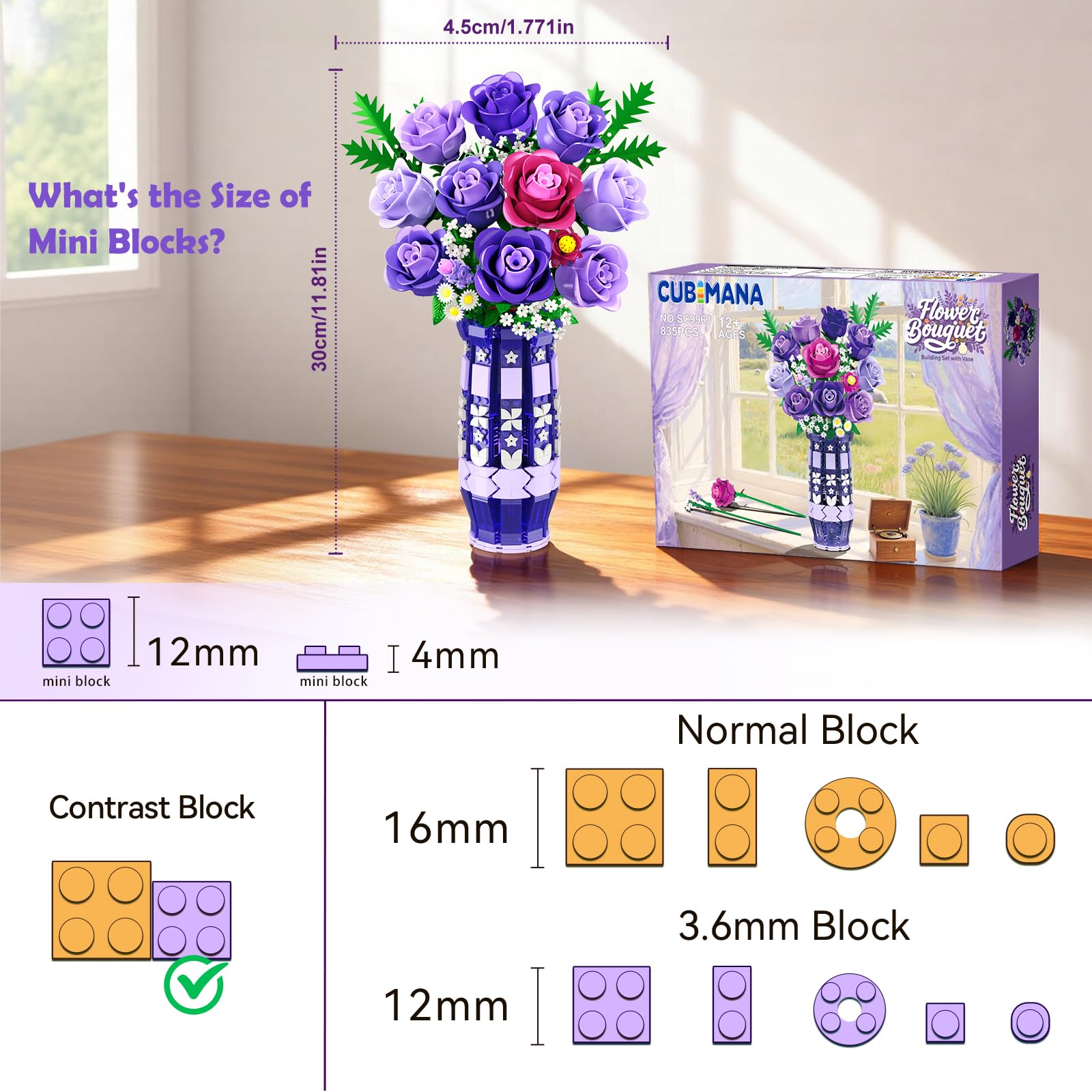 CUBIMANA Lila Rosen Blumen-Bauset mit Vase und LED-Licht, 17 Mini-Blumenstrauß-Bausteine, künstliche Blumen für Zuhause und Büro, Geschenk für Erwachsene, Frauen und Mädchen ab 12 Jahren 4