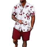 GORGLITTER Men's Vacation Beach Outfits 2 Piece Shorts Set Floral Hawaiian Button Down Shirt and Shorts