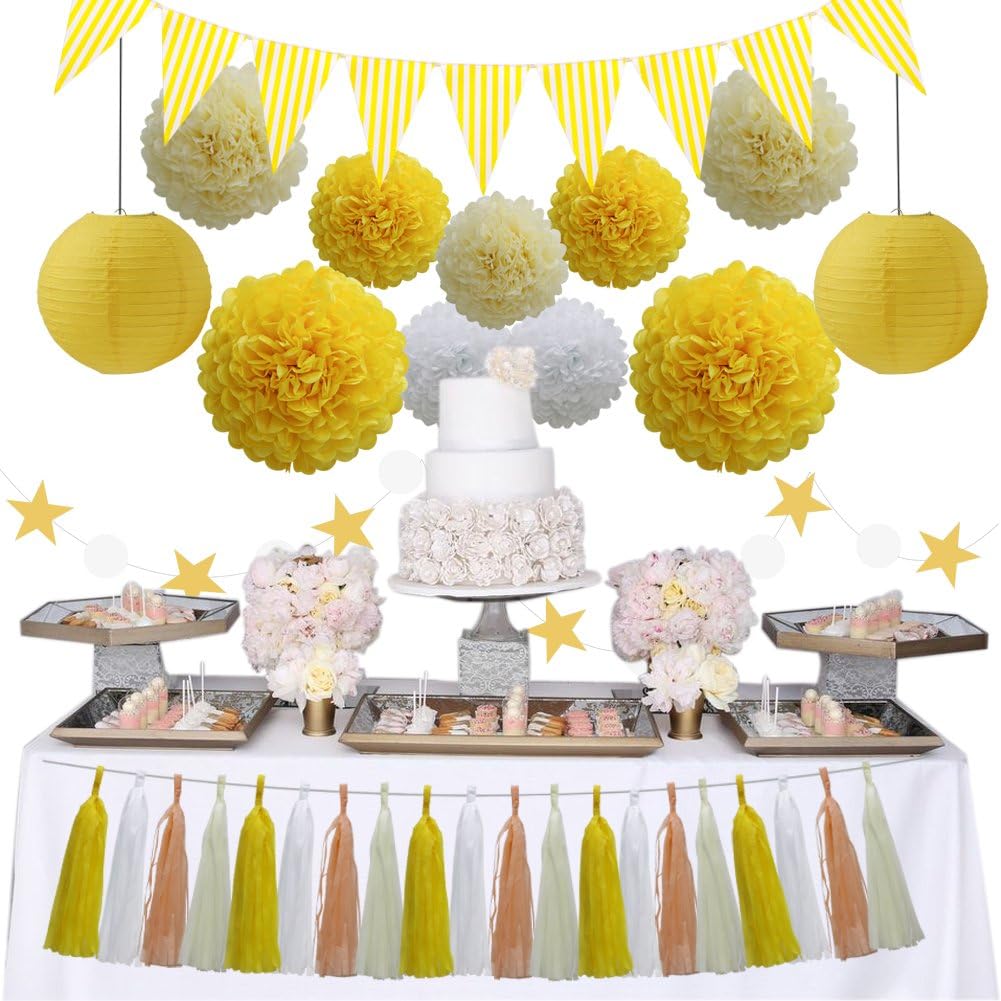 33pcs Party Decoration Supplies Set, Yellow Tissue Paper Pom Poms Flowers Paper Lanterns Tassels Hanging Garland Banner Triangle Flag Bunting for Birthday, Bridal, Baby Shower, Wedding Graduation: Arts, Crafts & Sewing