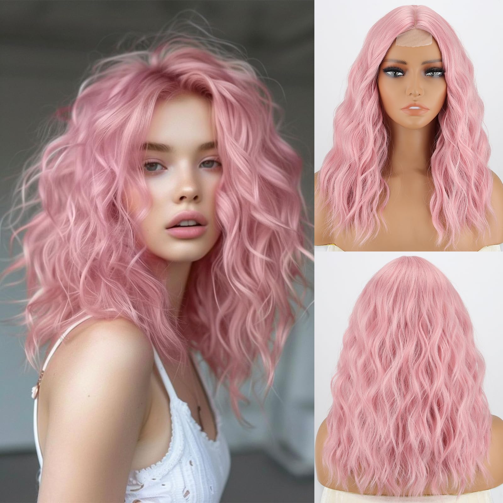 Photo 1 of MISSQUEEN 18Inch Shrot Wavy Pink Wigs for Women Synthetic Heat-resistant Natural Realistic Middle Parting Light Pink Hair for Everyday Hairstyle Cosplay Party Halloween Use