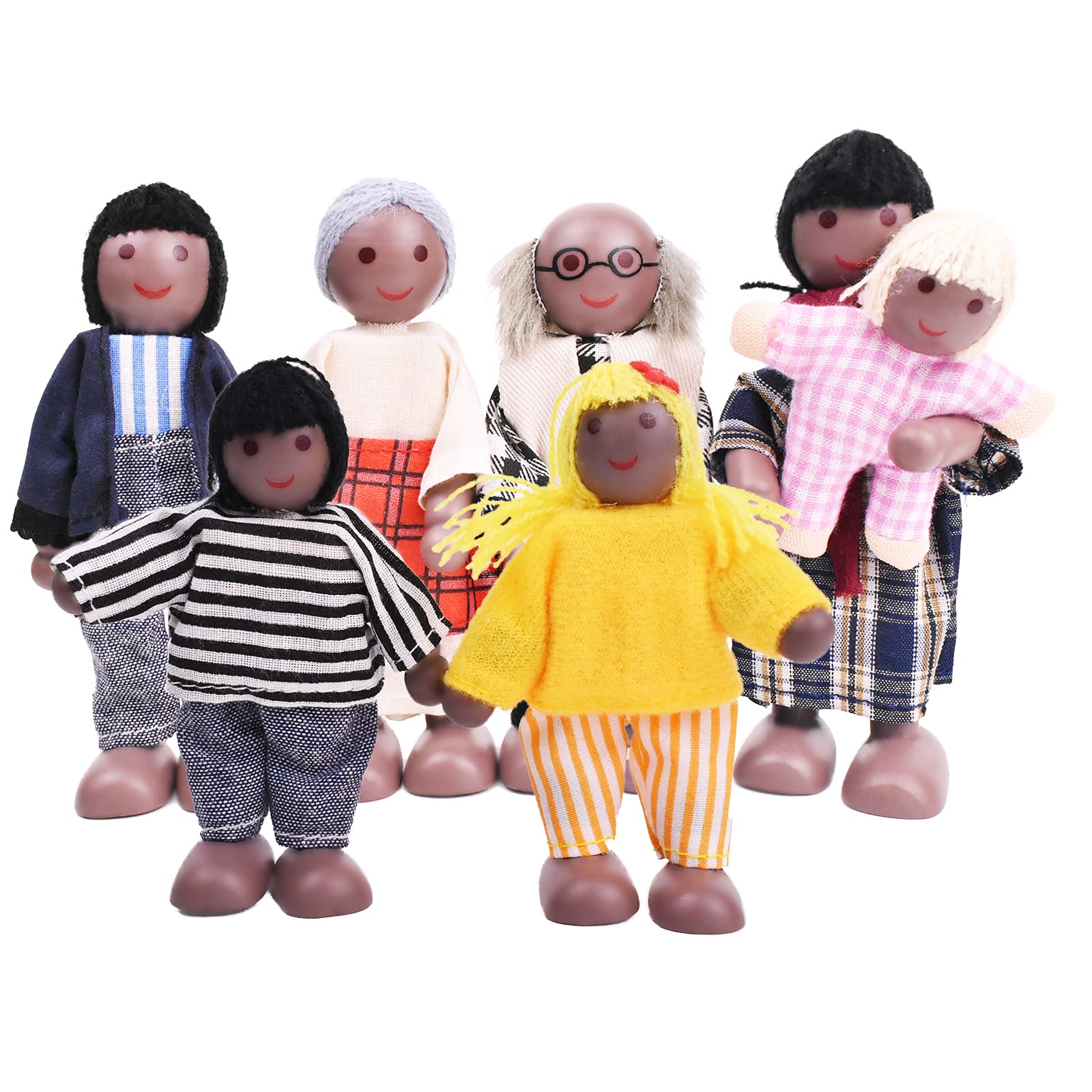 Wagoog Dolls House People of 7 Black Wooden Small Dolls for Dolls House Accessories