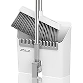 JOYMOOP White Broom and Dustpan Set, Upright Angle Design with Built-in Comb Teeth for Kitchen, Office, Pet Hair, Hard Floors