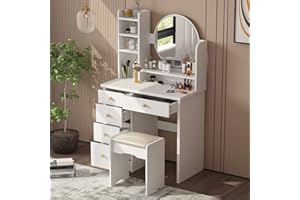 AGOTENI Makeup Vanity Set Dresser Desk with 5 Drawer and Shelf Round Mirror Dressing Table Vanity Set with Cushioned Stool for Bedroom, White