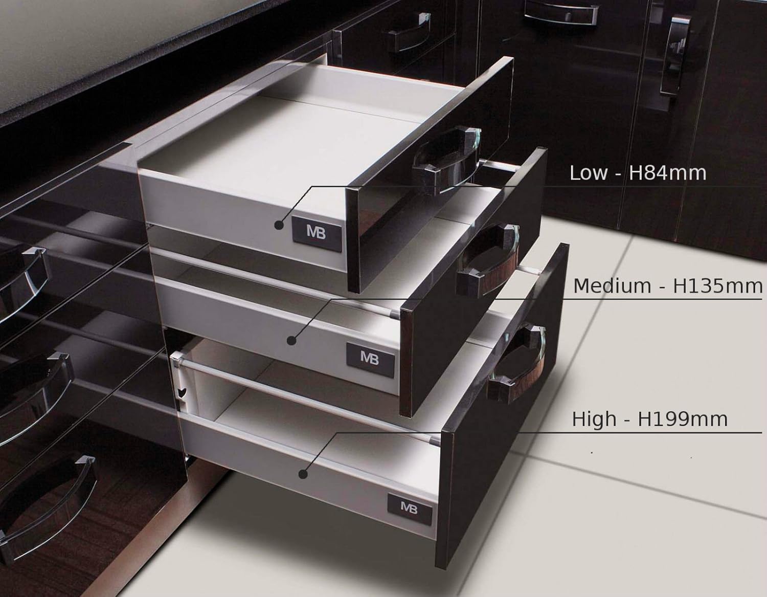 Soft Close Kitchen Drawer Runners System L 250mm Modern Box Low