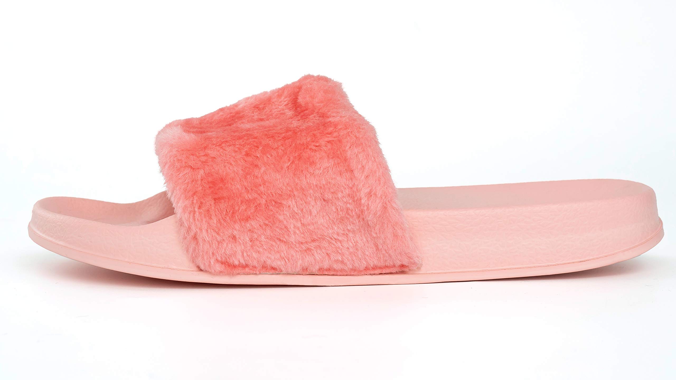 Women\'s Vegan Faux Fur Slippers Fuzzy Slides Fluffy Comfy Flat Sandals Open Toe Indoor Outdoor Pink