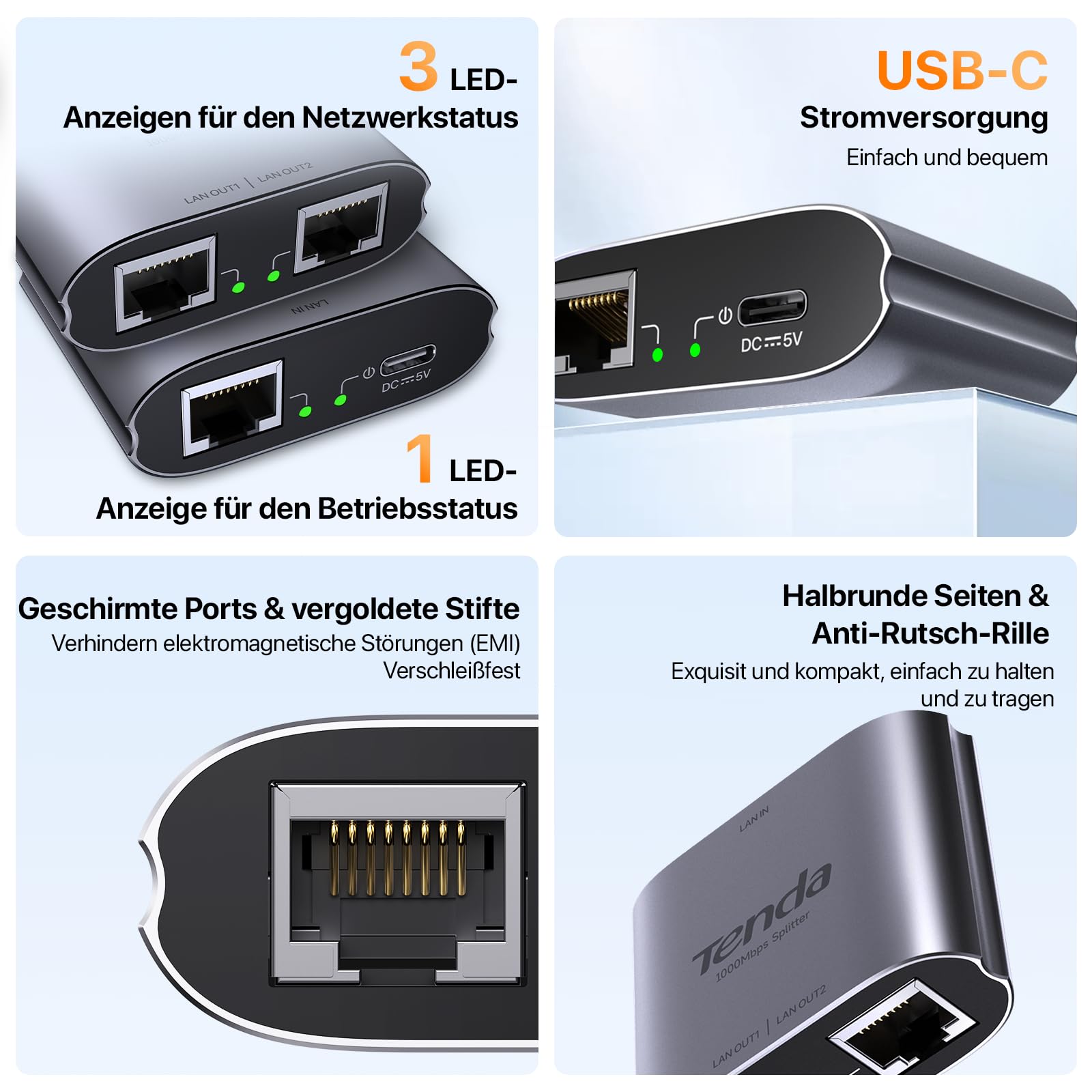 Tenda LAN Splitter 1 auf 2, Gigabit LAN Switch 2 Port Ethernet Splitter LAN Verteiler mit USB-Stromkabel (IGMP-Snooping, QoS, Aluminiumgehäuse, LAN Hub für Router, Computer, Drucker, TV)(SG103M) 6