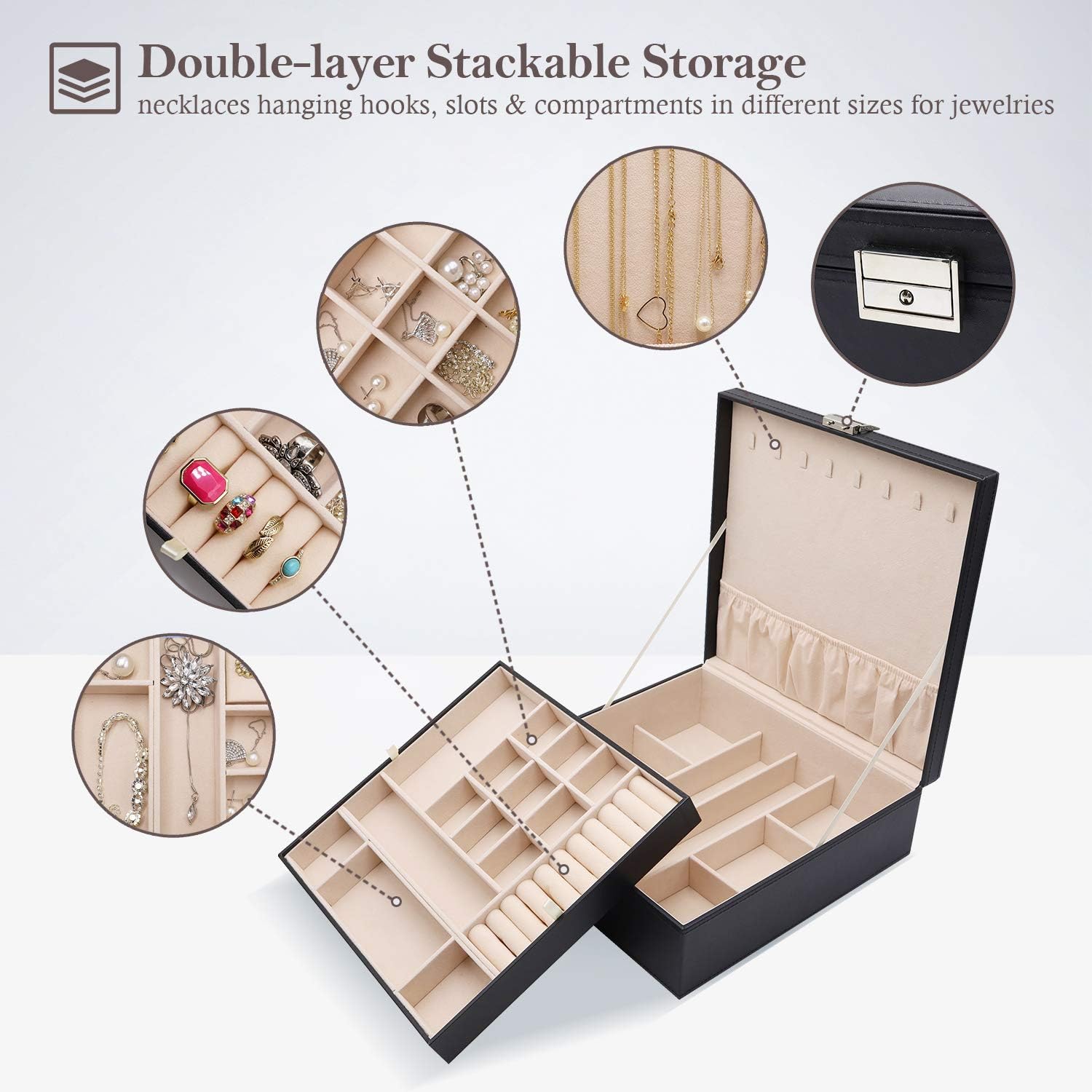ProCase Jewelry Box for Women Girls, Large Leather Jewelry Organizer Storage Case with Two Layers Display for Earrings Bracelets Rings Watches -Black: Clothing