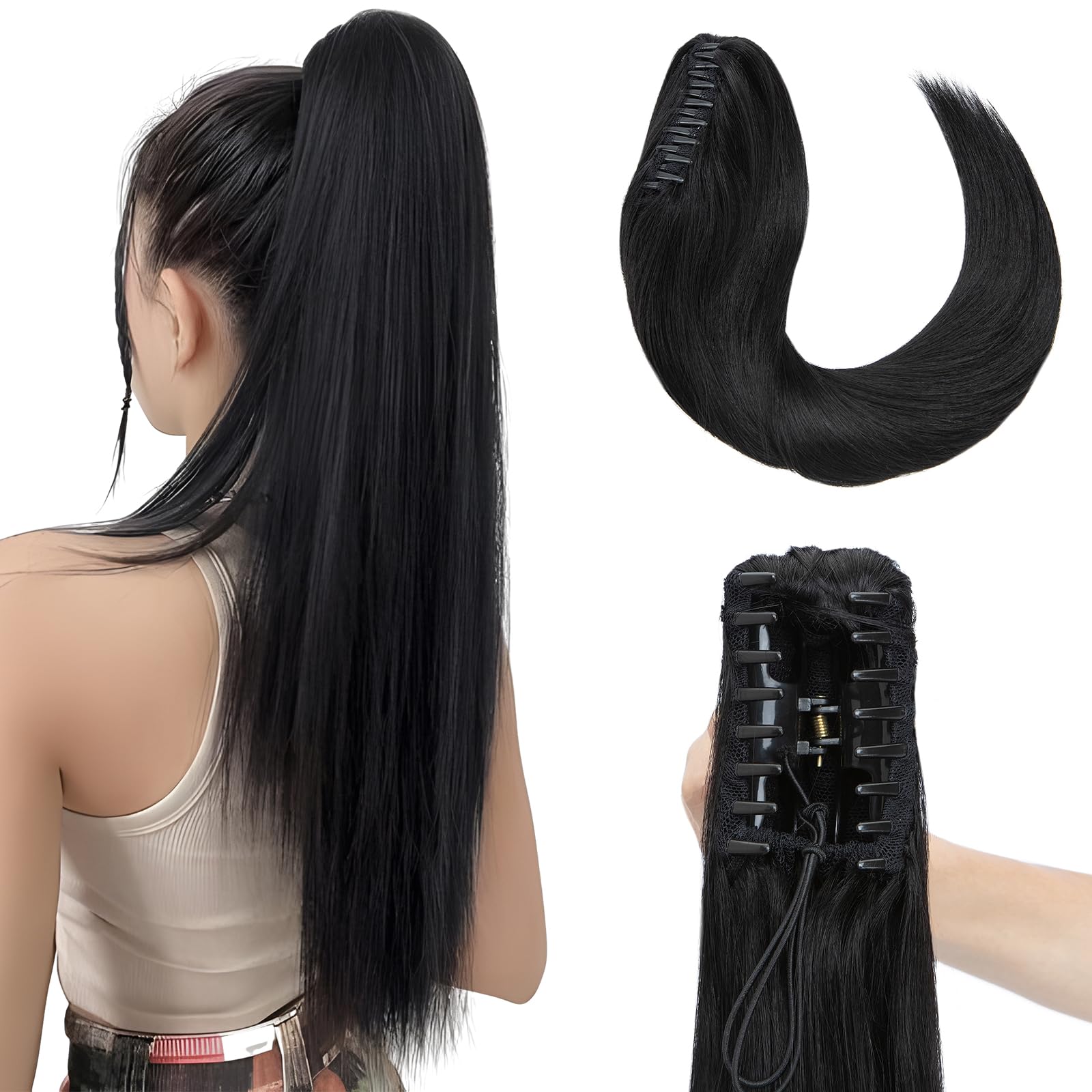 Elailite Human Hair Ponytail Extension Claw on Clip Real Human Hair Natural HairPiece Straight (#1 Jet Black, 16 Inch) โ image 1