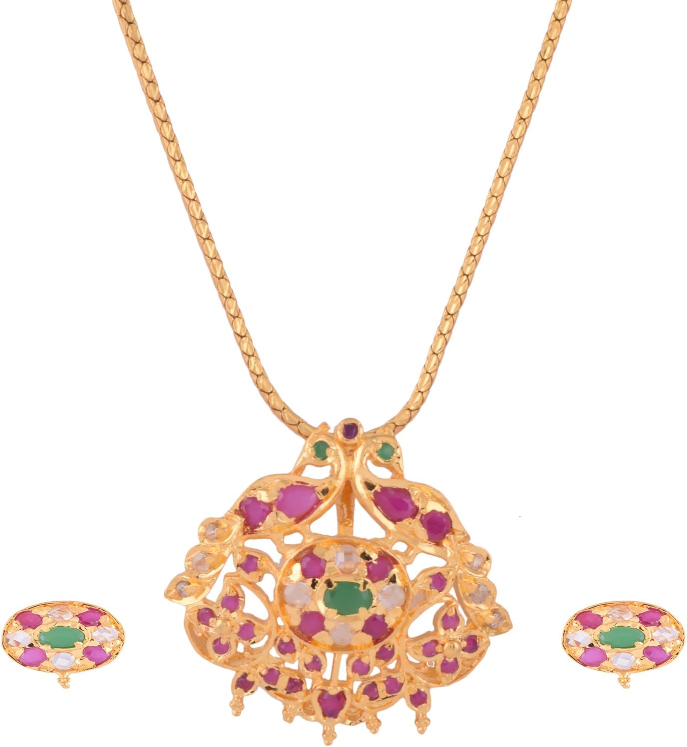 Ganapathy Gems 1 Gram Gold Plated Temple Design Pandent Set With Ruby And Green Cz Stones Without Chain