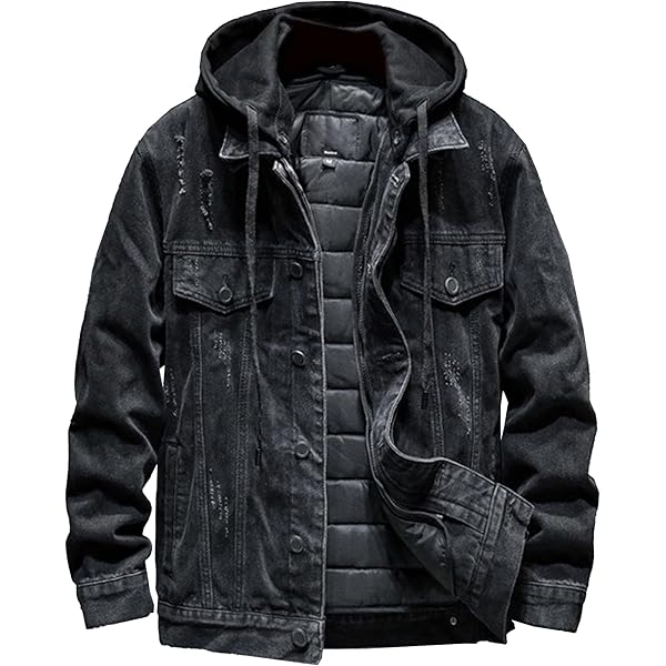 JEKE-DG Men's Distressed Denim Hoodie Jacket Button Up Washed