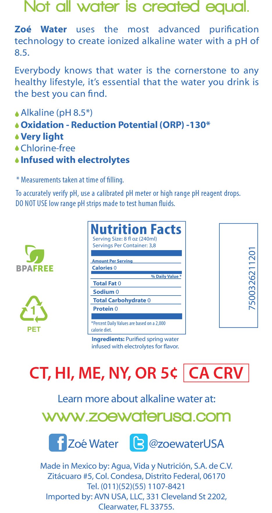Alkaline Drinking Water, 8.5 pH, 900 ml Bottles by Zoe Water Light